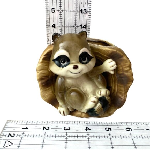 Relpo Raccoon in Log Planter #57834 Vintage Japan Ceramic Woodland Decor - Picture 2 of 9